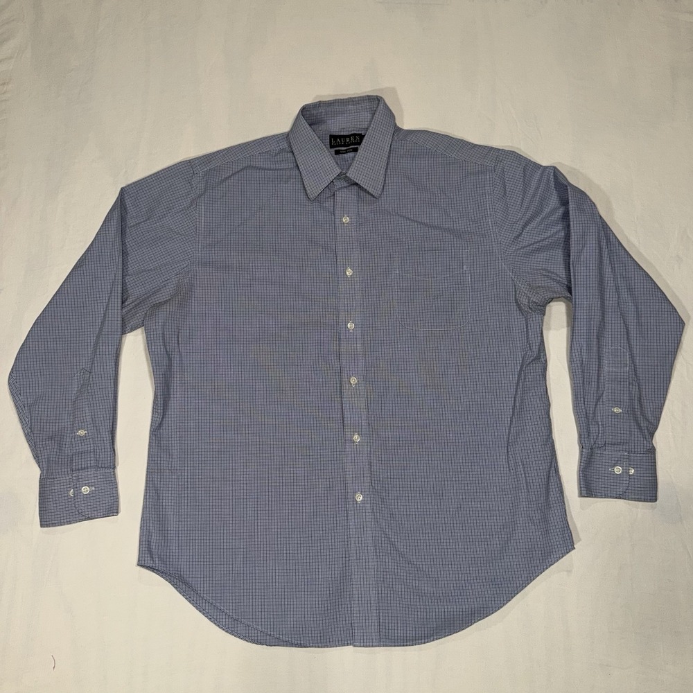Ralph Lauren Mens Dress Shirt Button Down Blue White Check, Sz L, 16.5 / 34-35